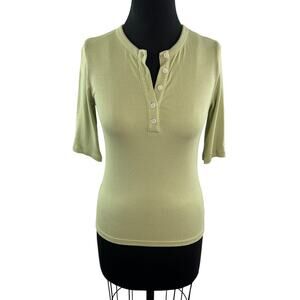 VINCE Ribbed Elbow Sleeve Henley Light Green Pullover Modal Blend Top Size M